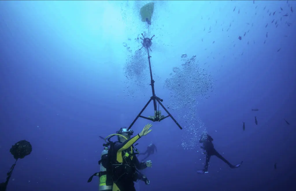 Cámara 360° submarina instalada en un trípode mientras un equipo de buceadores la posiciona durante una grabación en profundidad.