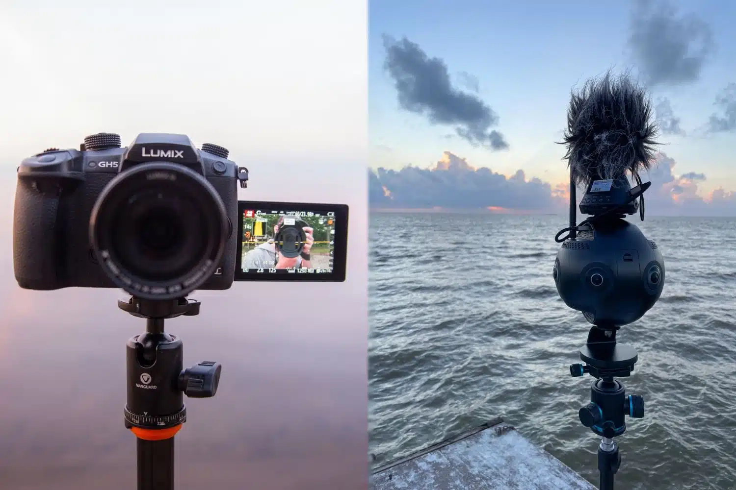 Cámaras usadas durante una sesión de rodaje: una Lumix GH5 para planos tradicionales y una cámara 360° preparada para captación inmersiva en exteriores.