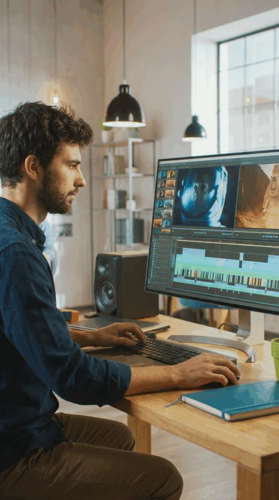 Editor de vídeo profesional trabajando en la edición de un proyecto corporativo en Valencia