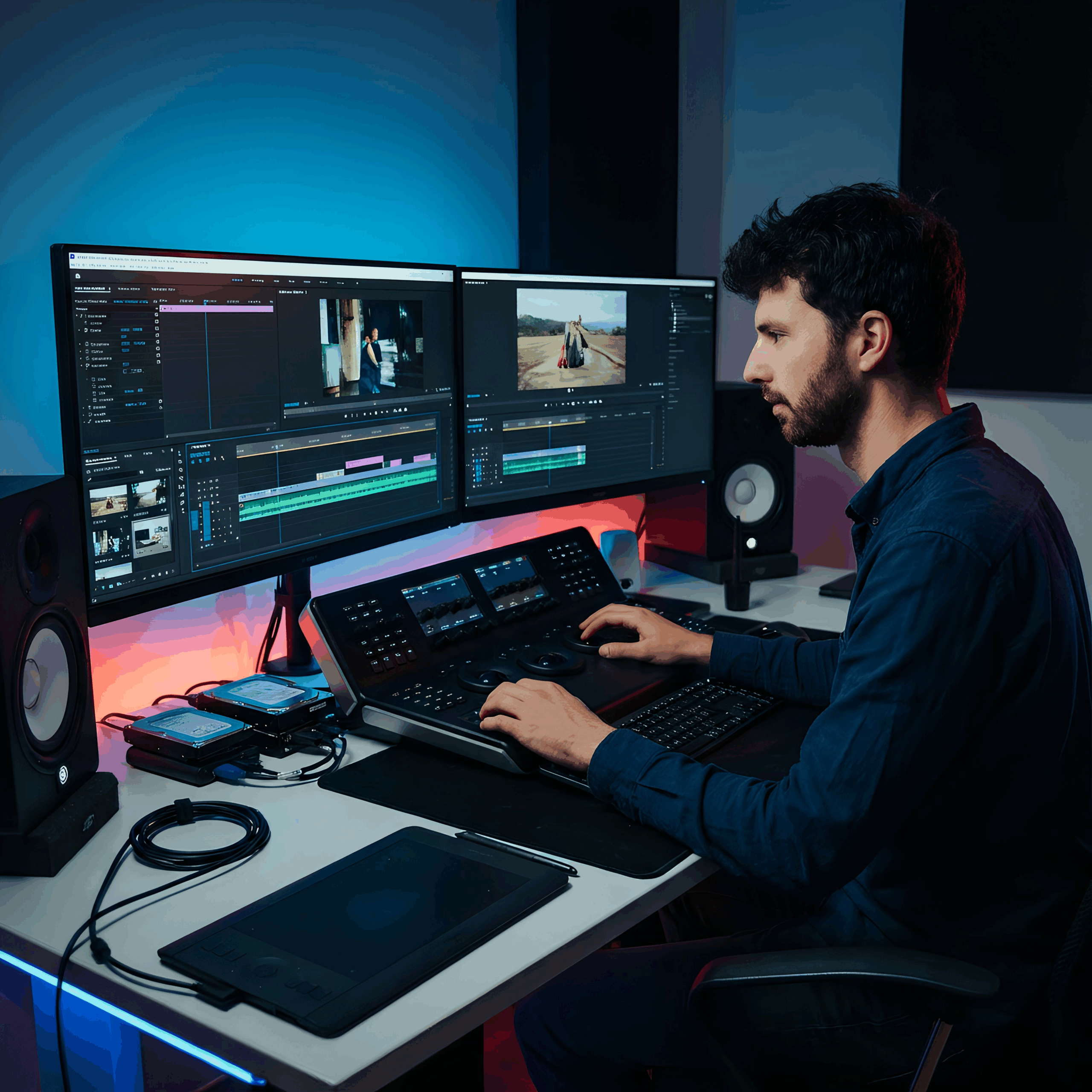 Editor de vídeo profesional trabajando en un estudio con consola de color y doble monitor
