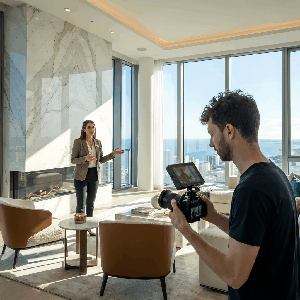 Théo Belnou grabando un vídeo inmobiliario mientras una agente presenta una propiedad de lujo con vistas a la ciudad.